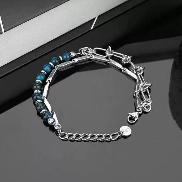 Blue Tiger Eye Stone&Titanium Steel Double layered Stacked Bead Bracelet - 图片 3