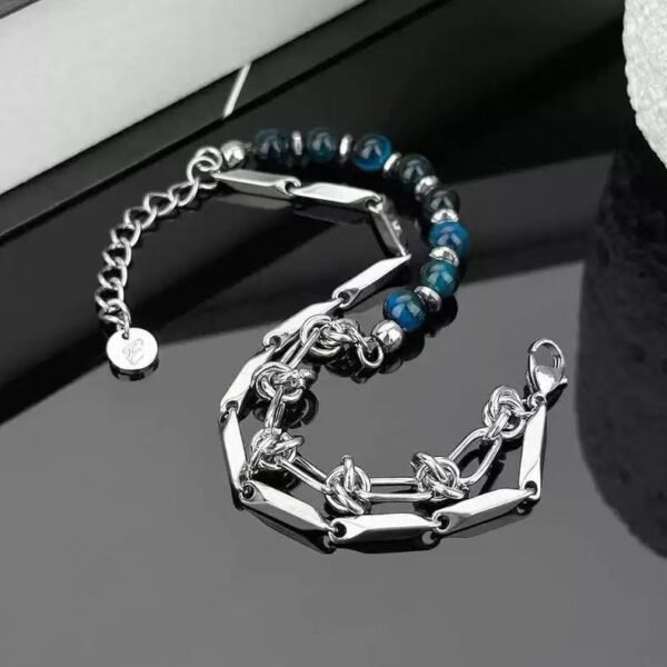 Blue Tiger Eye Stone&Titanium Steel Double layered Stacked Bead Bracelet - 图片 2