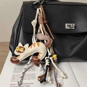 Cute Leather Kitten Animal Charms Handmade Braided Rope Mixed Bag Pendant